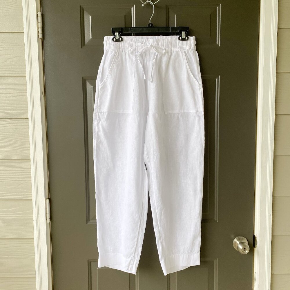 NEW Sigrid Olsen Pull On Pants White Ankle Crop Pants Size L 100% Linen White